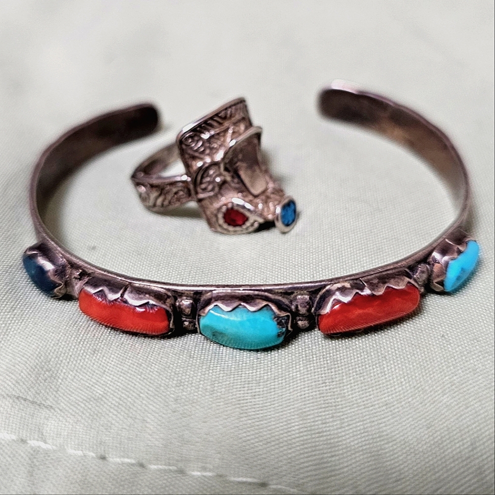 A. PENKETEWA Vintage Zuni Turquoise & Red Coral Silver Stamped Cuff Bracelet